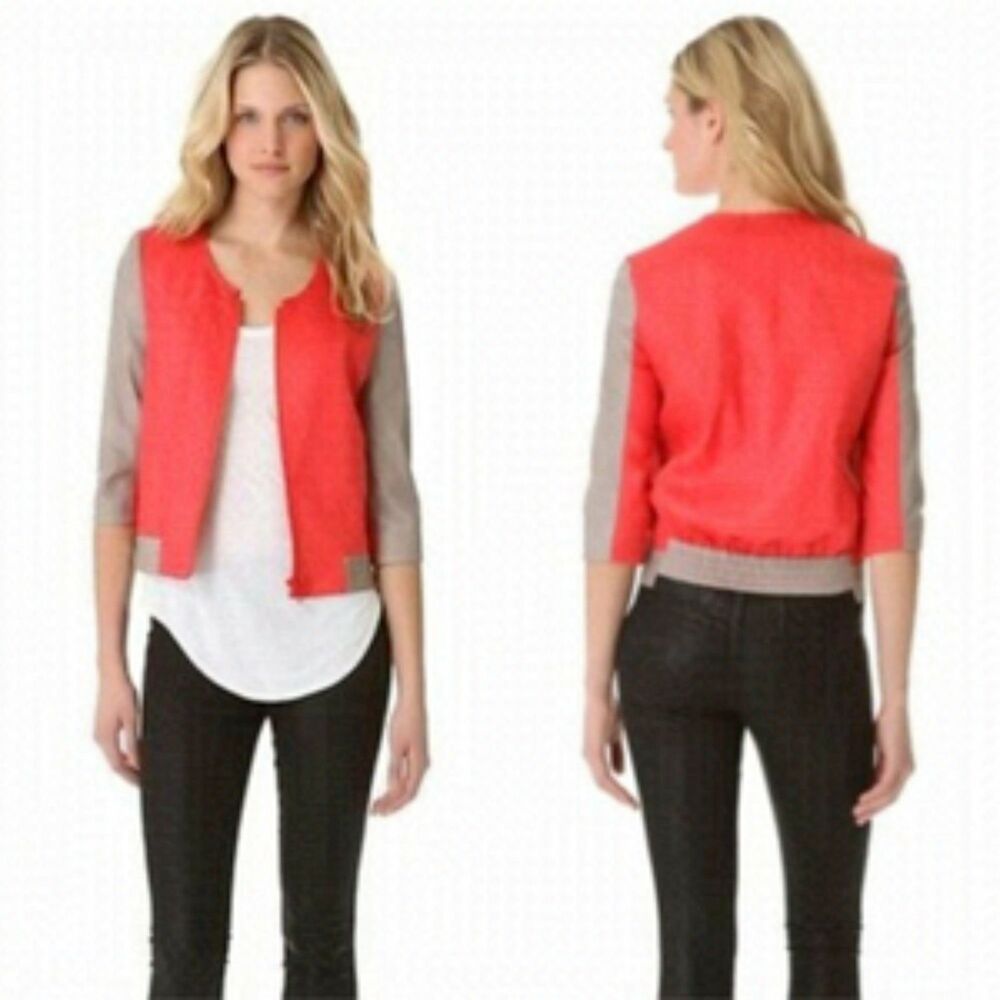 Helmut Lang Two-tone Lamb Leather & linen Colorblock Bomber Jacket Sz XS $725